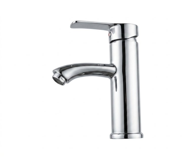 chrome ABS single lever basin mixer tap with curved spout and flat side handle
